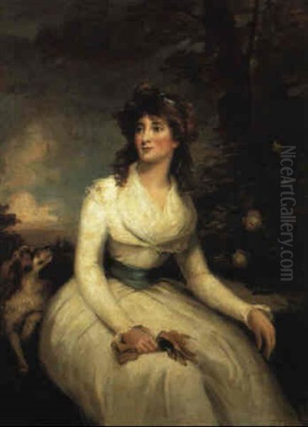 Portrait Of A Lady Wearing A White Dress Beside A Spaniel Oil Painting by John Russell