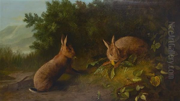 Rabbits Eating Dandelions Oil Painting by John Bucknell Russell