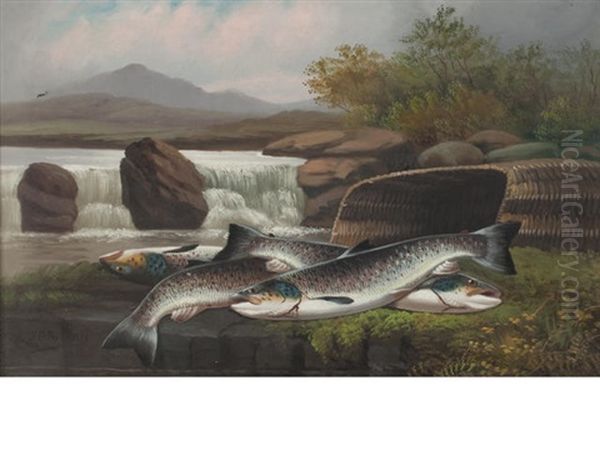 Salmon On A River Bank Oil Painting by John Bucknell Russell