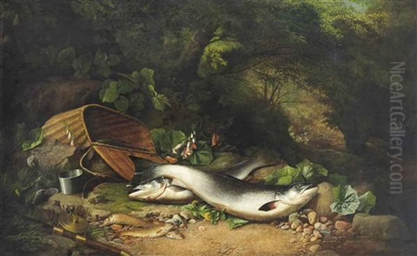 Salmon And Trout On A Riverbank Oil Painting by John Bucknell Russell