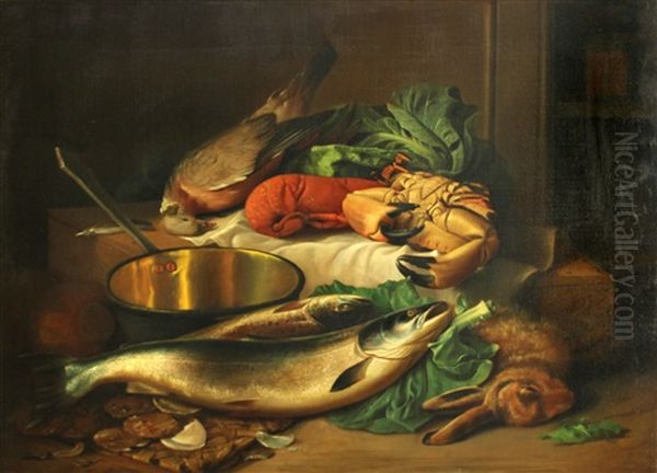 A Still Life With A Lobster, A Crab And Game Oil Painting by John Bucknell Russell