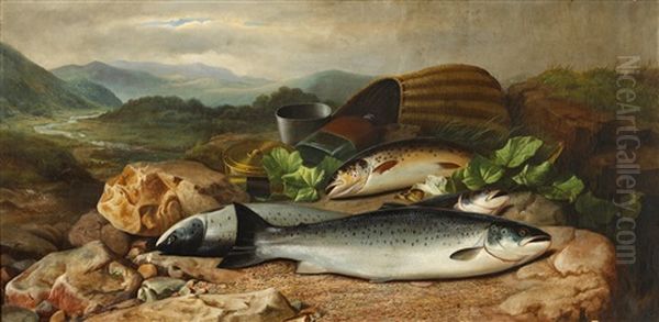 The Day's Catch, With Basket, Reel And Flask On A River Bank Oil Painting by John Bucknell Russell