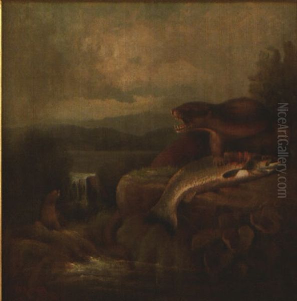 Two Otters And A Trout Oil Painting by John Bucknell Russell