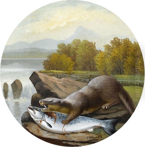 Otter Mit Gefangener Forelle Am Flussufer Oil Painting by John Bucknell Russell