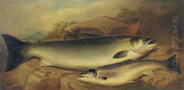 Salmon And Trout On A River Bank Oil Painting by John Bucknell Russell