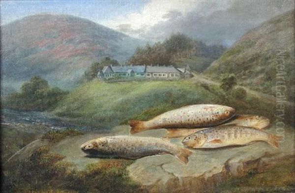 A Catch Of Salmon On A Riverbank Oil Painting by John Bucknell Russell