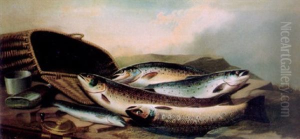 Salmon On A Riverbank With Fishing Rod And Reel, Fishing Basket And Hip Flask Oil Painting by John Bucknell Russell