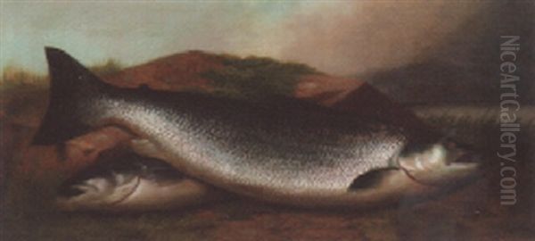 Salmon On The Bank Of A River Oil Painting by John Bucknell Russell