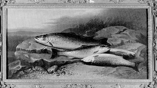 Still Life Of Four Sea Trout With A Bass Reel On A Riverbank Oil Painting by John Bucknell Russell