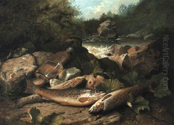 Trout On A River Bank Oil Painting by John Bucknell Russell