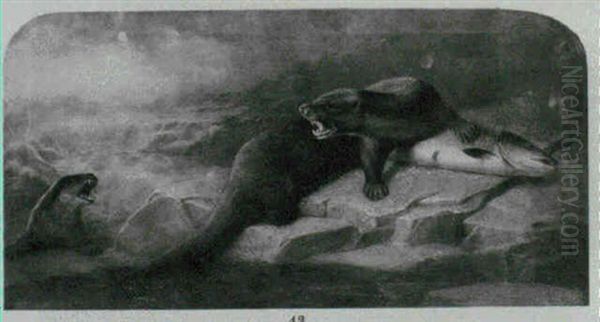 Otters Fighting Over A Salmon Oil Painting by John Bucknell Russell