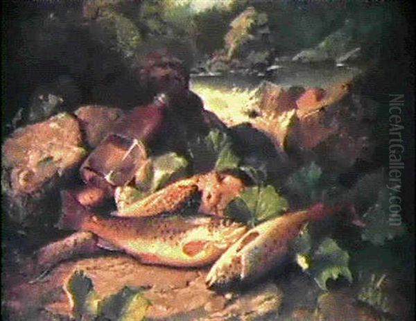 Trout On A River Bank Oil Painting by John Bucknell Russell