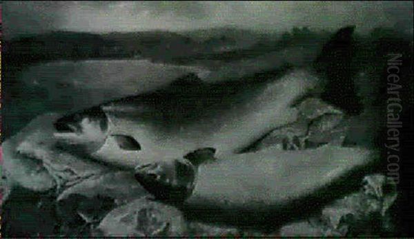 Two Prize Salmon On A River Bank Oil Painting by John Bucknell Russell