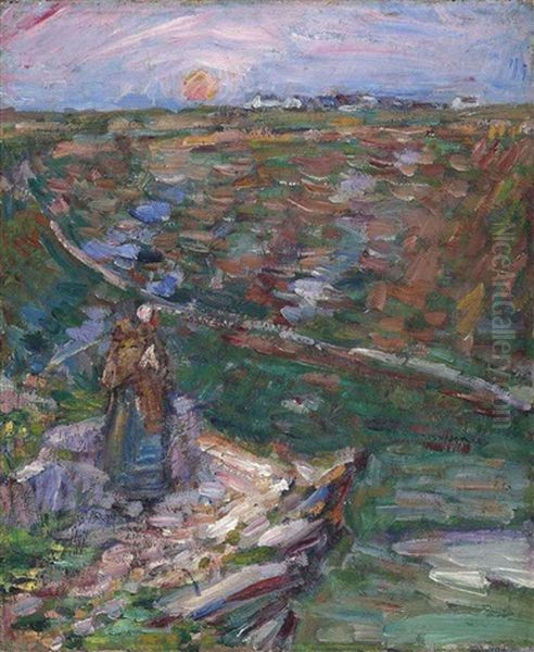 Breton Woman On A Cliff Top, Belle-ile Oil Painting by John Peter Russell