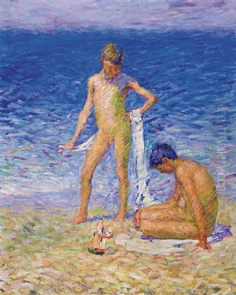 Les Enfants Du Peintre Sur La Plage, Belle Ile (the Artist's Children On The Beach, Belle Ile) Oil Painting by John Peter Russell