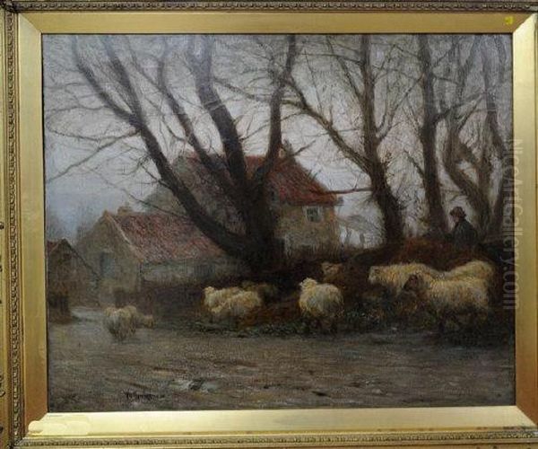 A Shepherd And Flock Approaching A Farmhouse Oil Painting by Albert Ernest Bottomley