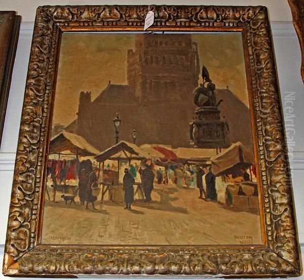 Market Day, Bruges Oil Painting by Albert Ernest Bottomley