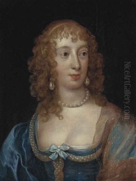 Portrait Of A Lady, Traditionally Identified As Anne Russell, Later Lady Stapleton (d.1722), Bust-length, In A Blue Dress With Pearls Oil Painting by Theodore Russell