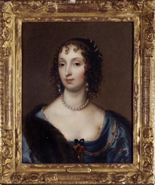 Portrait Of A Lady (duchess D'orleans?) In A Blue Satin Dress Decorated With Pearls Oil Painting by Theodore Russell