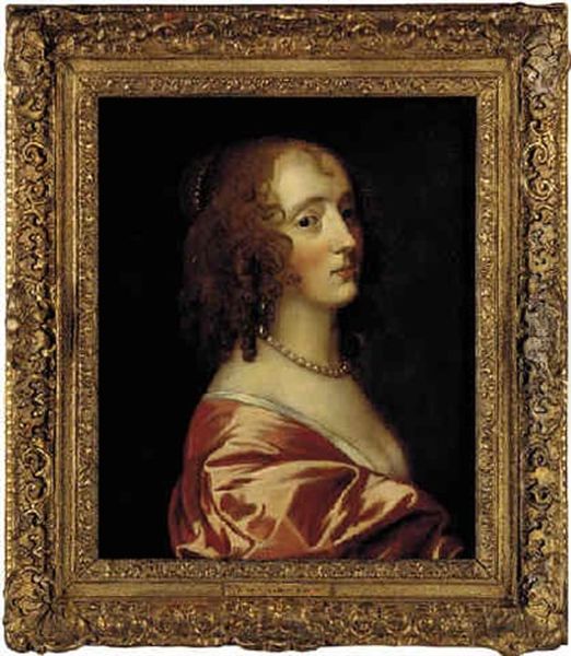 Portrait Of The Countess Of Manchester In A Pink Satin Dress With Pearl Earrings And Necklace Oil Painting by Theodore Russell