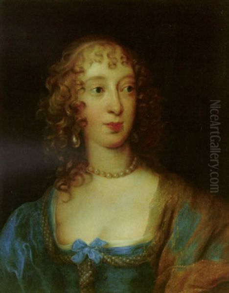 Portrait Of Catherine Howard, Lady D'aubigny Wearing A Blue Dress And Gold Robes Oil Painting by Theodore Russell