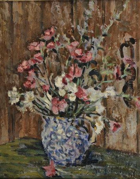 Still Life Pink And White Flowers Ina Blue Jug Oil Painting by Albert Ernest Bottomley