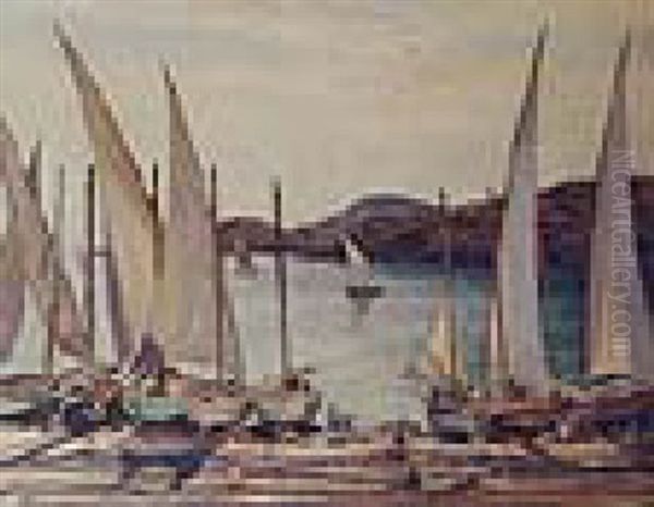 Fishing Boats In A Sunlit Harbour Oil Painting by Walter Westley (Sir) Russell