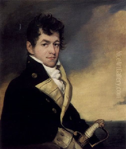 Portrait Of A Naval Officer In Uniform, Holding A Sword, With A Marine View Beyond Oil Painting by William Russell