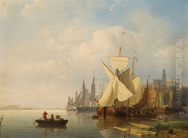 Vessels In Dutch Port Oil Painting by Johan Adolph Rust