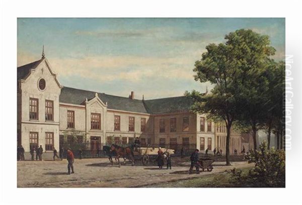 A Busy Day Outside The Ambachtsschool, Weteringschans, Amsterdam Oil Painting by Johan Adolph Rust