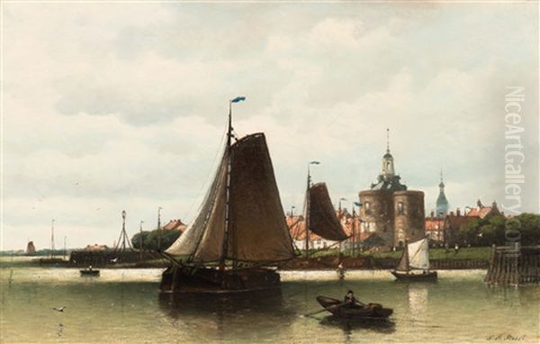 View Of The Harbour Of Enkhuizen With The Drommedaris In The Background Oil Painting by Johan Adolph Rust