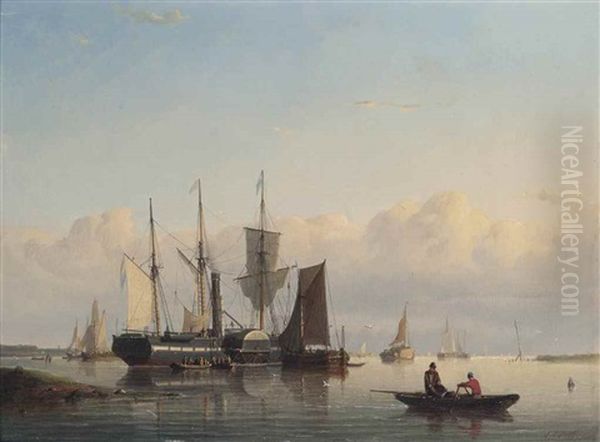 A Paddle Steamer Lying Offshore And Embarking Her Passengers Prior To Sailing Oil Painting by Johan Adolph Rust