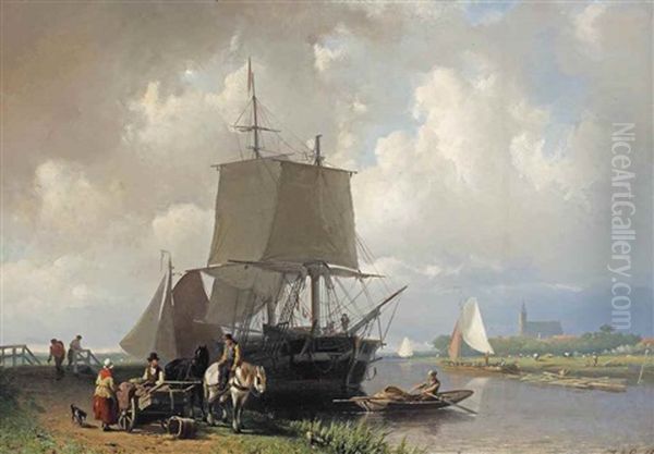 Moored Sailing Ships In A River Estuary Oil Painting by Johan Adolph Rust