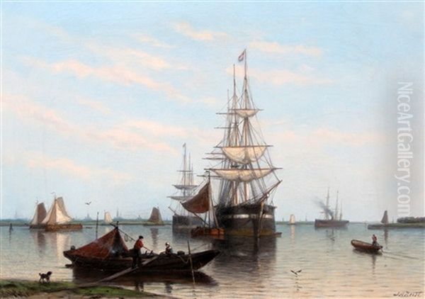 Havengezicht Met Barken En Stoomschepen Oil Painting by Johan Adolph Rust