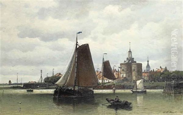 A View Of The Harbour Of Enkhuizen With The Dromedaris Oil Painting by Johan Adolph Rust