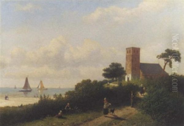 Figures On A Sunlit Path By A Calm Sea, The Church Of Muiderberg Nearby Oil Painting by Johan Adolph Rust