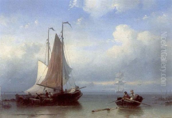 Vessels Moored Near Shore Oil Painting by Johan Adolph Rust