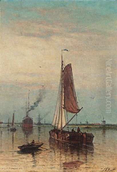 Ships In A Harbour Oil Painting by Johan Adolph Rust