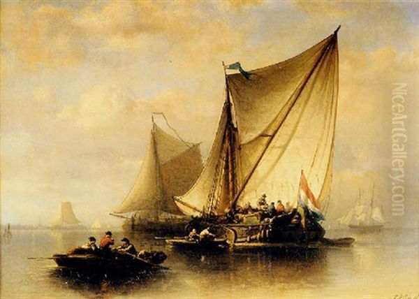 Shipping In A Calm Oil Painting by Johan Adolph Rust