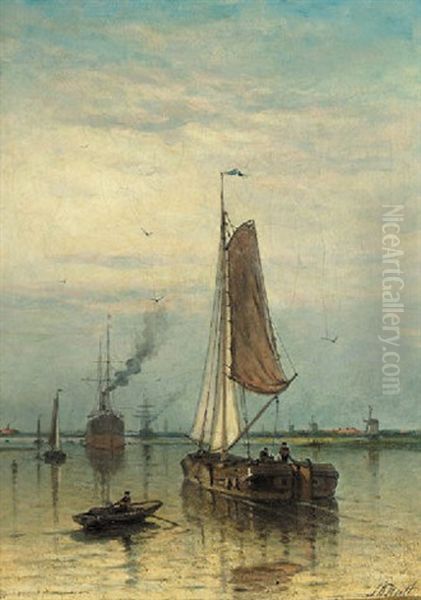 Shipping On A River, A Steel Bridge On The Horizon Oil Painting by Johan Adolph Rust