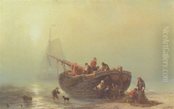 Mending The Nets Oil Painting by Johan Adolph Rust