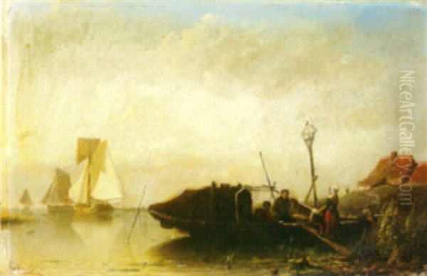 A View Of A Bay With Fishing Smacks At Anchor And Figures In A Dinghy In The Foreground Oil Painting by Johan Adolph Rust