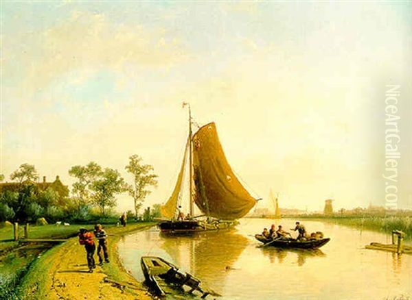 Figuren Jagen Een Zeilschip Bij Windstil Weer Oil Painting by Johan Adolph Rust