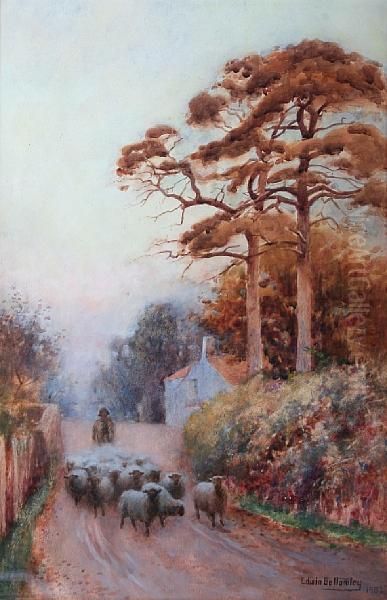 A Sheep Farmer Herding On A Countrypath Oil Painting by Edwin Bottomley