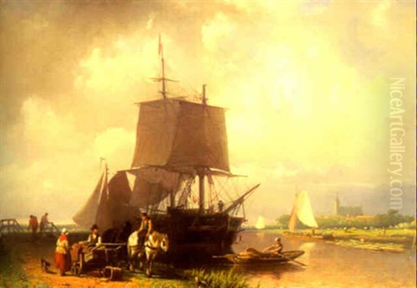 Moored Sailing Vessels With Figures On A Quay Oil Painting by Johan Adolph Rust