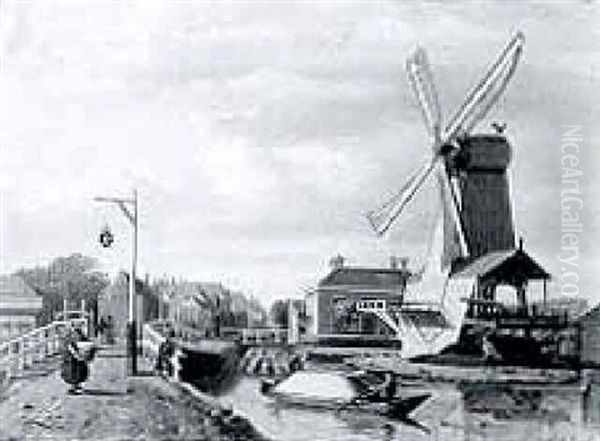 A Sawing-mill Near A Bridge Oil Painting by Johan Adolph Rust