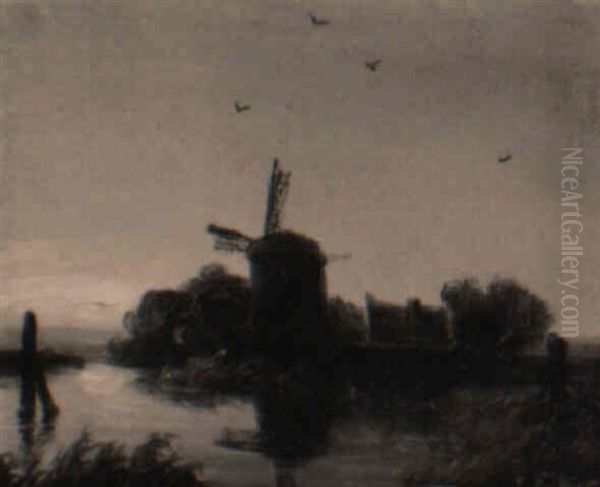 A Windmill Along A River, At Sunset Oil Painting by Johan Adolph Rust