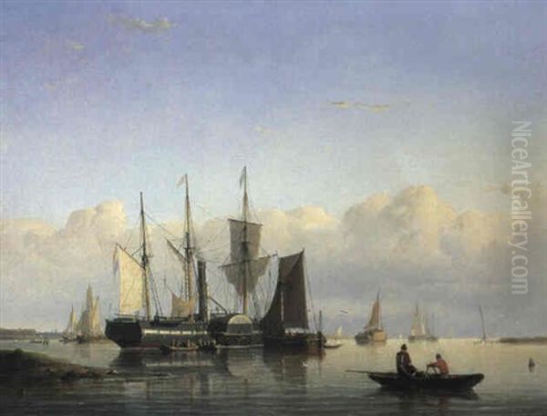 Steamship And Sailing Vessels Offshore In A Calm Oil Painting by Johan Adolph Rust