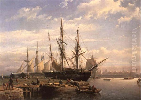 Dutch Sailing Ships At Anchor In A River Estuary Oil Painting by Johan Adolph Rust