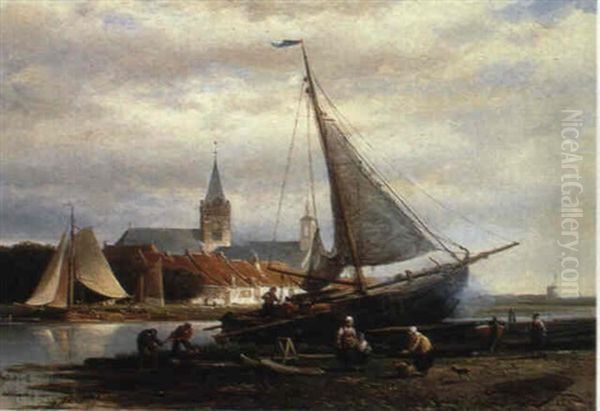 Working By The Canal Oil Painting by Johan Adolph Rust